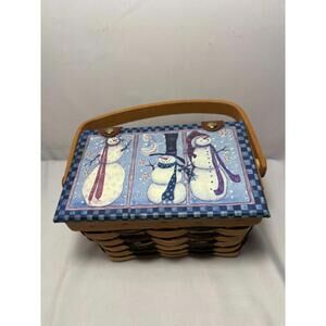 Christmas Snowman Decorative Woven Basket Painted Lid & Handle -Holiday Wicker